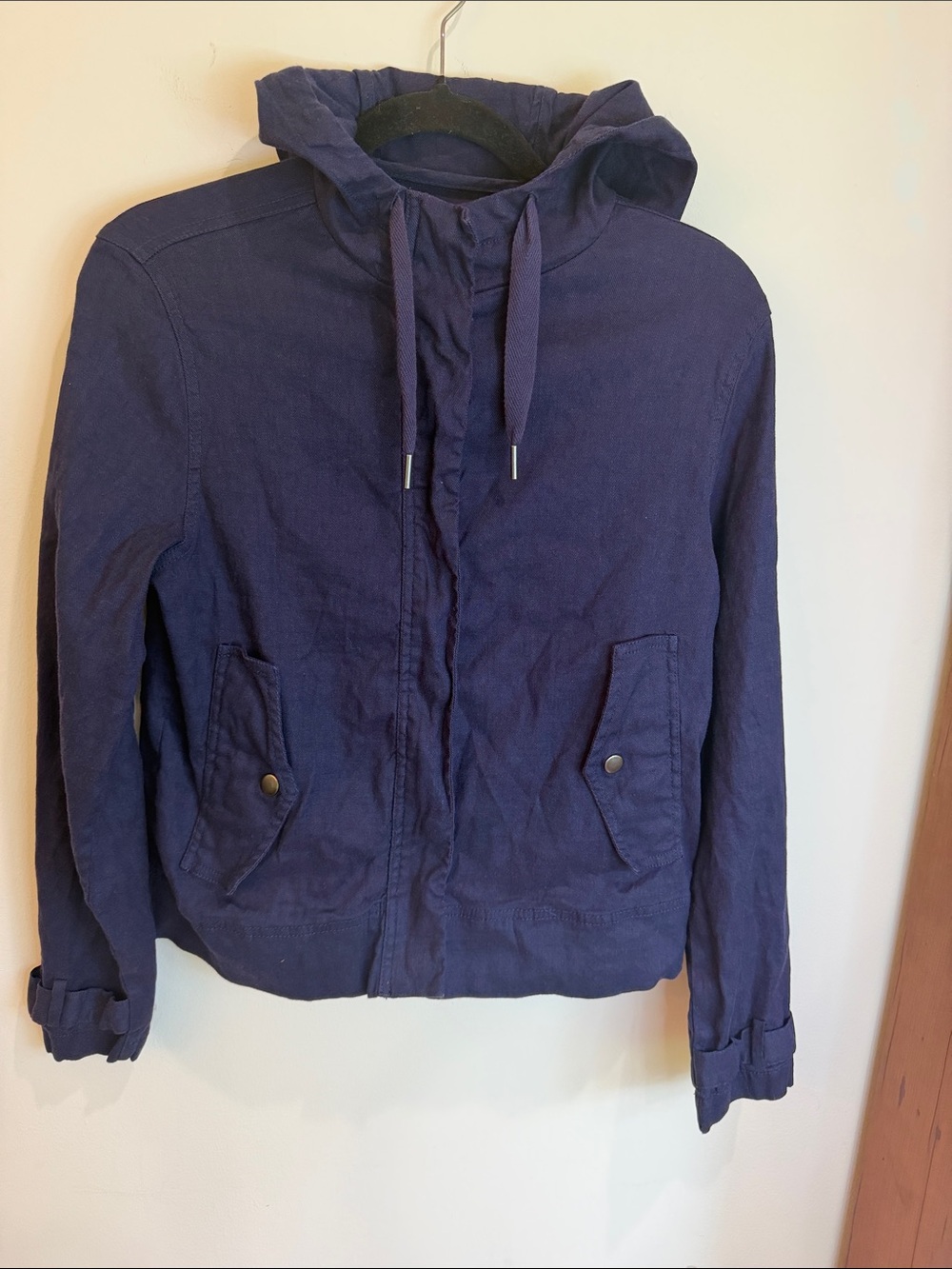 Tahari Linen Navy Hooded Blend Zip-Front/Snap Jacket, M